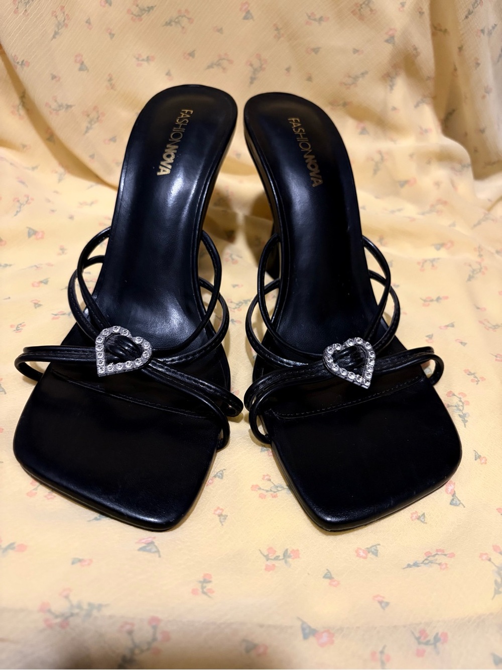 Fashion Nova Black Strappy Slide Heels with Rhinestone Heart Accent